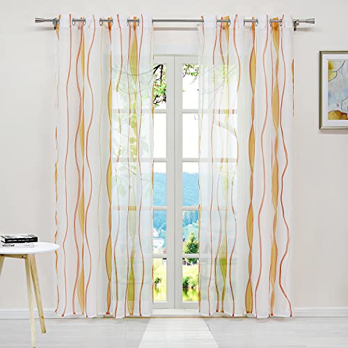 ESLIR Gardinen mit Ösen Vorhänge Gardinenschals Transparent Schlaufenschal Wellen Muster Voile Orange BxH 140x245cm 1 Stück von ESLIR