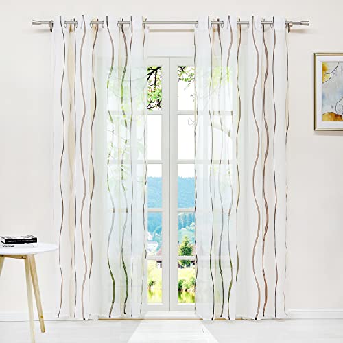 ESLIR Gardinen mit Ösen Vorhänge Gardinenschals Transparent Schlaufenschal Wellen Muster Voile Sand BxH 140x145cm 1 Stück von ESLIR