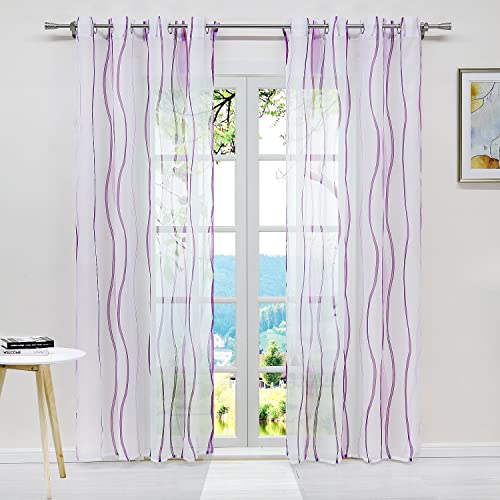ESLIR Gardinen mit Ösen Vorhänge Gardinenschals Transparent Schlaufenschal Wellen Muster Voile Violett BxH 140x145cm 1 Stück von ESLIR