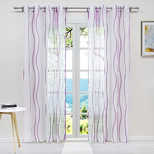 ESLIR Gardinen mit Ösen Vorhänge Gardinenschals Transparent Schlaufenschal Wellen Muster Voile Violett BxH 140x175cm 1 Stück von ESLIR