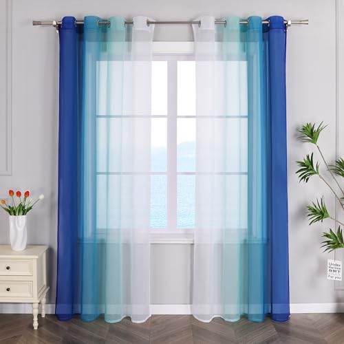 ESLIR Gardinen mit Ösen Vorhänge Gardinenschals Transparent Stores Gardinen Farbverlauf Voile Blau BxH 140x175cm 2 Stück von ESLIR