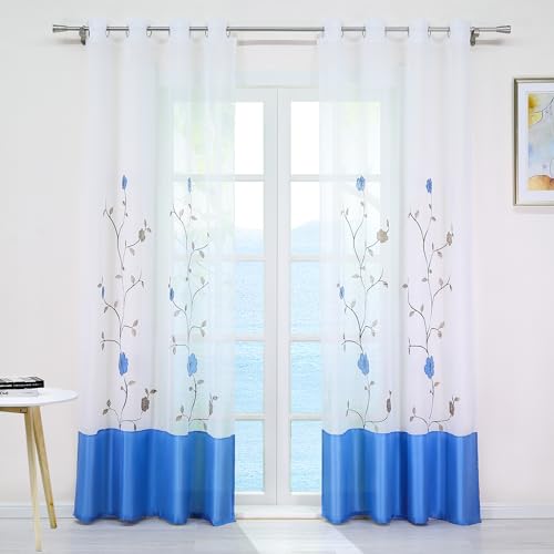 ESLIR Gardinen mit Ösen Vorhänge Transparent Gardinenschals mit Blumen Stickrei Ösenschal Voile Blau BxH 140x145cm 1 Stück von ESLIR