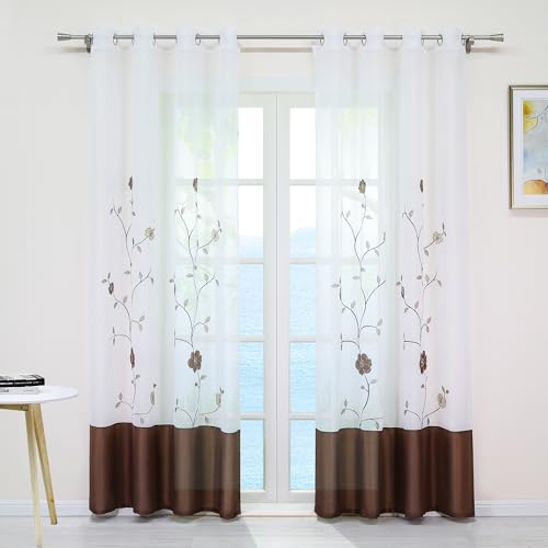 ESLIR Gardinen mit Ösen Vorhänge Transparent Gardinenschals mit Blumen Stickrei Ösenschal Voile Braun BxH 140x225cm 1 Stück von ESLIR