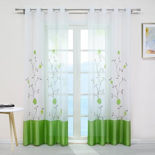 ESLIR Gardinen mit Ösen Vorhänge Transparent Gardinenschals mit Blumen Stickrei Ösenschal Voile Grün BxH 140x145cm 1 Stück von ESLIR