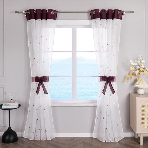 ESLIR Gardinen mit Ösen Vorhänge Transparent Wohnzimmer Ösenschal Modern Bestickt Voile Violett BxH BxH 140x145cm1 Stück von ESLIR