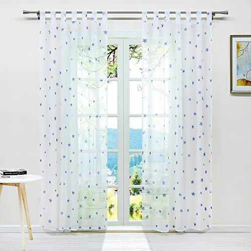 ESLIR Gardinen mit Schlaufen Gardinenschal Voile Transparent Schlaufenschal Modern Vorhänge mit Sterne Muster 1 Stück Blau BxH 140x225cm 1 Stück von ESLIR