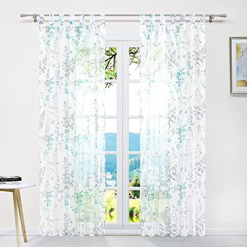 ESLIR Gardinen mit Schlaufen Vorhänge Gardinenschals Transparent Schlaufenschal Blätter Muster Voile Grün BxH 140x175cm 1 Stück von ESLIR