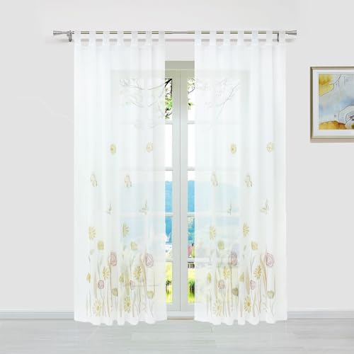 ESLIR Gardinen mit Schlaufen Vorhänge Gardinenschals Transparent Schlaufenschal Blumen Muster Voile Braun BxH 150x145cm 1 Stück von ESLIR