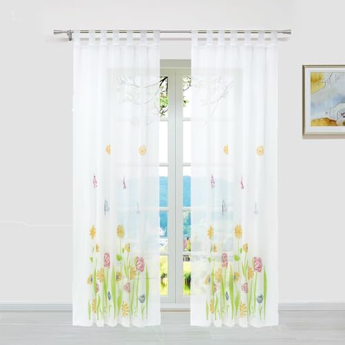 ESLIR Gardinen mit Schlaufen Vorhänge Gardinenschals Transparent Schlaufenschal Blumen Muster Voile Grün BxH 150x145cm 1 Stück von ESLIR