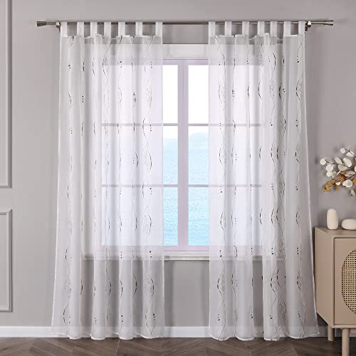 ESLIR Gardinen mit Schlaufen Vorhänge Gardinenschals Transparent Schlaufenschal Fensterschal Bestickt Voile Braun BxH 140x145cm 1 Stück von ESLIR