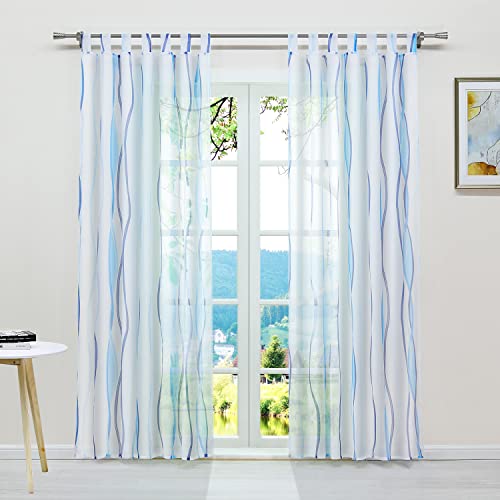 ESLIR Gardinen mit Schlaufen Vorhänge Gardinenschals Transparent Schlaufenschal Wellen Muster Voile Blau BxH 140x245cm 1 Stück von ESLIR