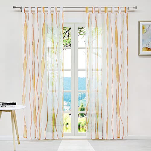 ESLIR Gardinen mit Schlaufen Vorhänge Gardinenschals Transparent Schlaufenschal Wellen Muster Voile Orange BxH 140x175cm 1 Stück von ESLIR