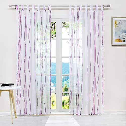 ESLIR Gardinen mit Schlaufen Vorhänge Gardinenschals Transparent Schlaufenschal Wellen Muster Voile Violett BxH 140x245cm 1 Stück von ESLIR