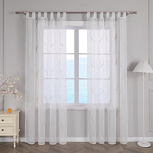 ESLIR Gardinen mit Schlaufen Vorhänge Gardinenschals Transparent Stores Gardinen Weiß Schlaufenschals Voile Fensterschal Wohnzimmer Bestickt BxH 140x145cm Sand 1 Stück von ESLIR