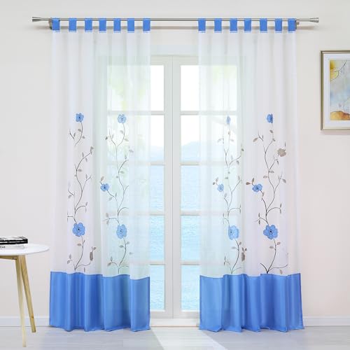 ESLIR Gardinen mit Schlaufen Vorhänge Transparent Gardinenschals mit Blumen Stickrei Schlaufenschal Voile Blau BxH 140x145cm 1 Stück von ESLIR