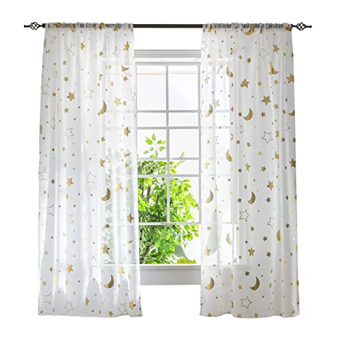 ESLIR Gardinen mit Tunnelzug Transparente Vorhänge Voile Fensterschal Modern Mond und Sterne Muster Wohnzimmer Kinderzimmer 1 Stück BxH 140x145cm Gold von ESLIR