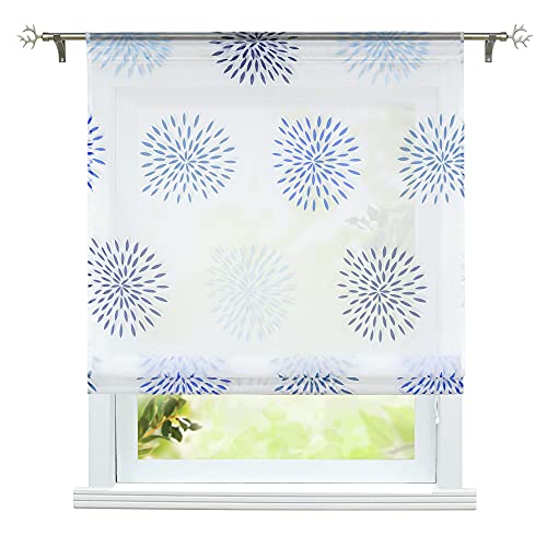 ESLIR Raffrollo Küche Raffgardine mit Tunnelzug Bändchenrollo Voile Gardinen Transparent Vorhänge Kreis-Motiven Modern Blau BxH 80x140cm 1 Stück von ESLIR
