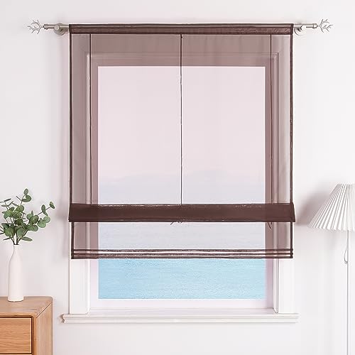 ESLIR Raffrollo Küche Raffgardine mit Tunnelzug Bändchenrollo Weiß Voile Gardinen Transparent Kaffeebraun BxH 100x155cm 1 Stück von ESLIR