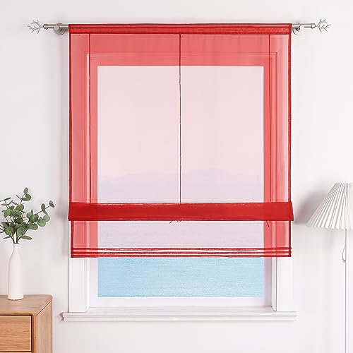 ESLIR Raffrollo Küche Raffgardine mit Tunnelzug Bändchenrollo Weiß Voile Gardinen Transparent Rot BxH 100x155cm 1 Stück von ESLIR