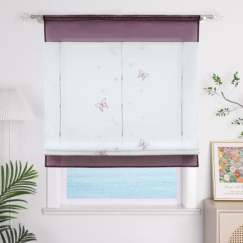 ESLIR Raffrollo Küche Raffgardine mit Tunnelzug Gardinen Transparent Bändchenrollo mit Schmetterling Bestickt Voile Violett BxH 100x140cm 1 Stück ESLIR Raffrollo Küche Raffgardine mit Tunnelzug Gardinen Transparent Bändchenrollo mit Schmetterling Bestickt Voile Violett BxH 100x140cm 1 Stück von ESLIR