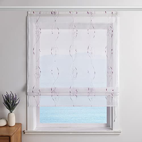 ESLIR Raffrollo Weiß Raffgardine mit Klettband Gardinen Küche Transparent Bändchenrollo Voile Bestickt Landhausstil Violett BxH 80x140cm 1 Stück von ESLIR