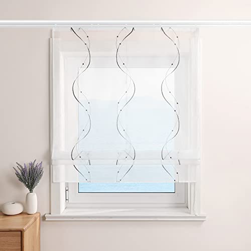 ESLIR Raffrollo Weiß Raffgardine mit Klettband Gardinen Küche Transparent Bändchenrollo Voile Bestickt mit Wellen Muster Grau BxH 140x140cm 1 Stück ESLIR Raffrollo Weiß Raffgardine mit Klettband Gardinen Küche Transparent Bändchenrollo Voile Bestickt mit Wellen Muster Grau BxH 140x140cm 1 Stück von ESLIR