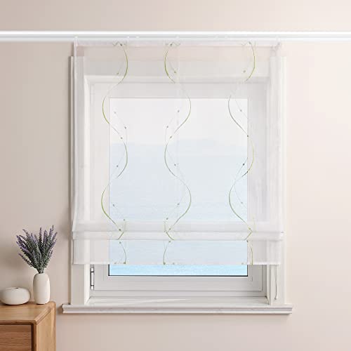 ESLIR Raffrollo Weiß Raffgardine mit Klettband Gardinen Küche Transparent Bändchenrollo Voile Bestickt mit Wellen Muster Grün BxH 120x140cm 1 Stück von ESLIR