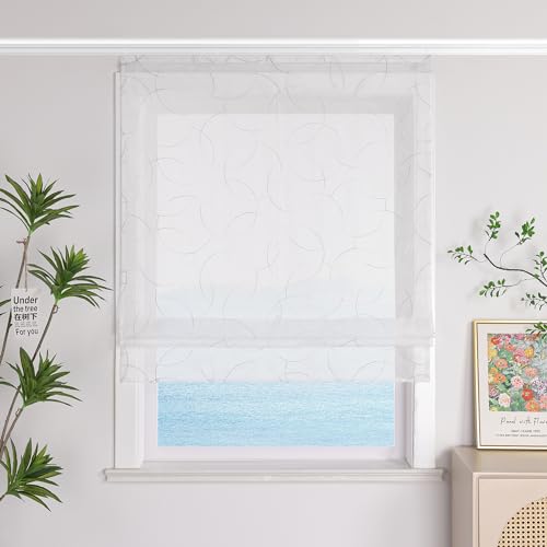 ESLIR Raffrollo Weiß Raffgardine mit Klettband Voile Gardinen Küche Transparent Bändchenrollo Modern mit Stickerei in Kreis-Muster Grau BxH 120x140cm 1 Stück von ESLIR