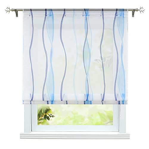 ESLIR Raffrollo Wohnzimmer Raffgardine mit Tunnelzug Gardinen Transparent Bändchenrollo Modern Vorhänge Mit Wellen-Druck Blau BxH 120x140cm 1 Stück von ESLIR