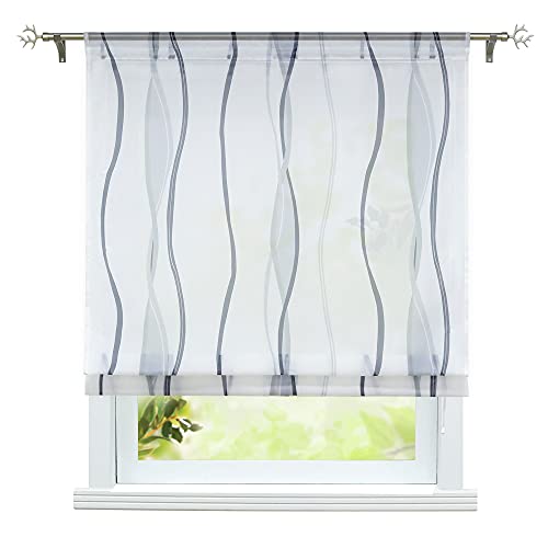 ESLIR Raffrollo Wohnzimmer Raffgardine mit Tunnelzug Gardinen Transparent Bändchenrollo Modern Vorhänge Mit Wellen-Druck Grau BxH 80x140cm 1 Stück von ESLIR