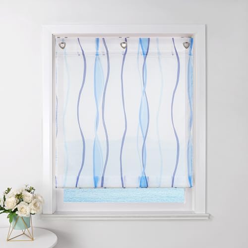 ESLIR Raffrollo mit Ösen Gardinen Küche Raffgardinen Transparent Ösenrollo Vorhänge Mit Wellen-Druck Modern Voile Blau BxH 80x140cm 1 Stück von ESLIR