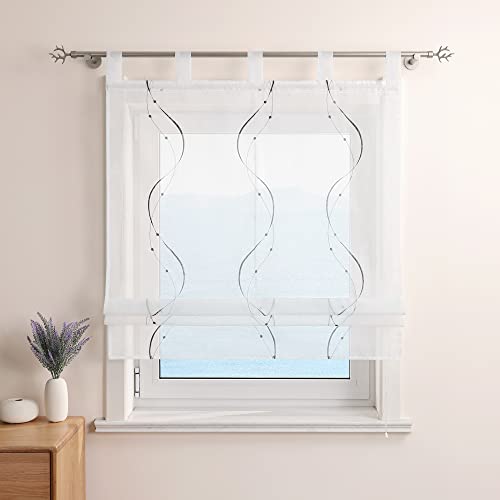 ESLIR Raffrollo mit Schlaufen Gardinen Küche Bestickt Raffgardinen Voile Transparent Schlaufenrollo Modern Vorhänge mit Wellen Stickerei Grau BxH 120x140cm 1 Stück von ESLIR