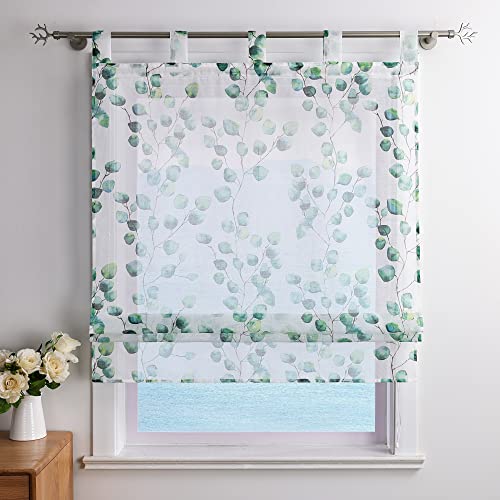 ESLIR Raffrollo mit Schlaufen Gardinen Küche Leinen Raffgardinen Transparent Schlaufenrollo Modern Vorhänge mit Grüner Druck BxH 120x140cm 1 Stück von ESLIR