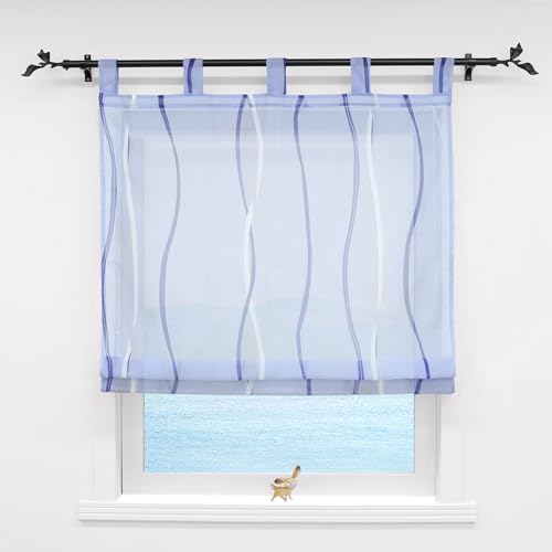 ESLIR Raffrollo mit Schlaufen Gardinen Küche Raffgardinen Modern Schlaufengardinen Vorhänge Transparent Voile Blau BxH 100x140cm 1 Stück von ESLIR