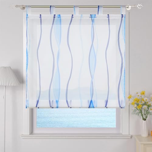 ESLIR Raffrollo mit Schlaufen Gardinen Küche Raffgardinen Transparent Schlaufenrollo Vorhänge Mit Wellen-Druck Modern Voile Blau BxH 100x140cm 1 Stück von ESLIR