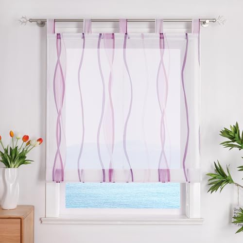 ESLIR Raffrollo mit Schlaufen Gardinen Küche Raffgardinen Transparent Schlaufenrollo Vorhänge Mit Wellen-Druck Modern Voile Violett BxH 120x140cm 1 Stück von ESLIR