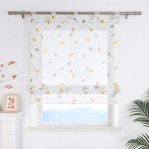 ESLIR Raffrollo mit Schlaufen Landhaus Gardinen Küche Transparent Raffgardinen Wohnzimmer Bändchenrollo für Fenster ohne Bohren Gelb BxH 60x140cm 1 Stück von ESLIR