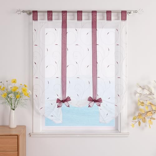 ESLIR Raffrollo mit Schlaufen Raffgardinen Gardinen Küche Bindegardine Transparent Schlaufenrollo Vorhänge mit Stickerei Modern Voile Beere BxH 120x140cm 1 Stück von ESLIR