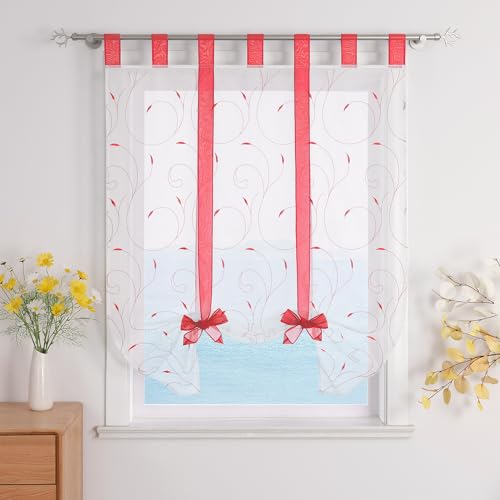 ESLIR Raffrollo mit Schlaufen Raffgardinen Gardinen Küche Bindegardine Transparent Schlaufenrollo Vorhänge mit Stickerei Modern Voile Rot BxH 80x140cm 1 Stück von ESLIR