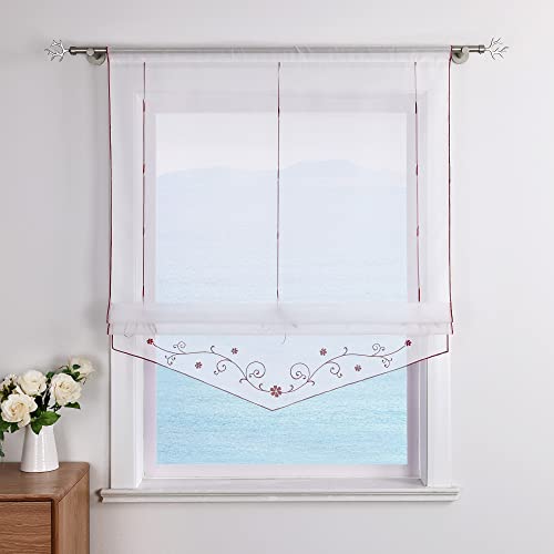 ESLIR Raffrollo mit Schlaufen Raffgardinen Gardinen Küche Transparent Schlaufenrollo Vorhänge Bestickt Modern Voile Rot BxH 120x140cm 1 Stück von ESLIR