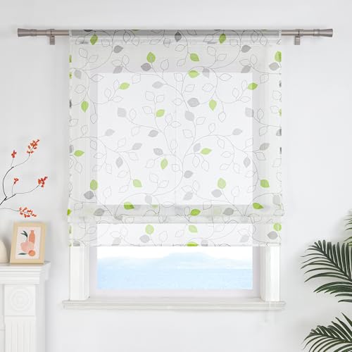 ESLIR Raffrollo mit Tunnelzug Landhaus Gardinen Küche Transparent Raffgardinen Wohnzimmer Bändchenrollo für Fenster ohne Bohren Grün BxH 100x140cm 1 Stück von ESLIR