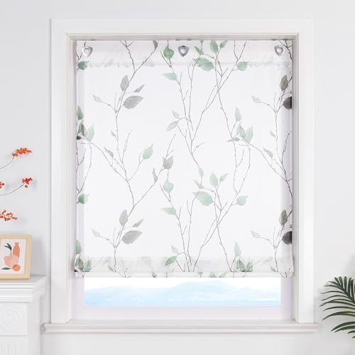 ESLIR Raffrollo ohne Bohren Landhaus Gardinen Küche Transparent Raffgardinen mit Ösen Weiß Wohnzimmer Bändchenrollo mit Blattdesign Grün BxH 100x140 cm 1 Stück von ESLIR