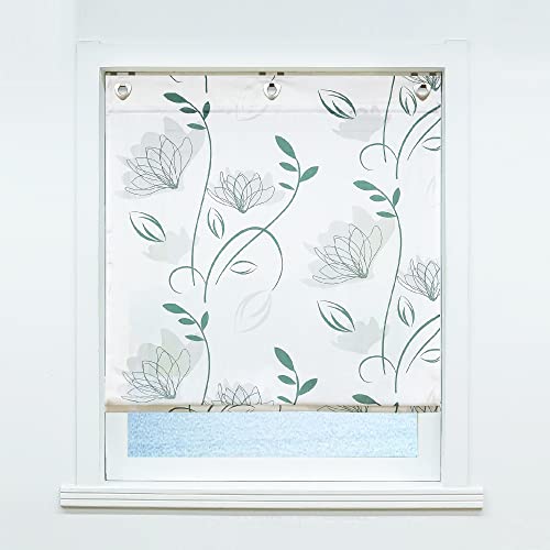 ESLIR Raffrollo ohne Bohren Leinen Küche Gardinen Landhaus Raffgardine mit Ösen Gardinen mit U-Haken Ösenrollo Ausbrenner Vorhänge Wohnzimmer Lotosblume Muster BxH 80x140cm 1 Stück von ESLIR