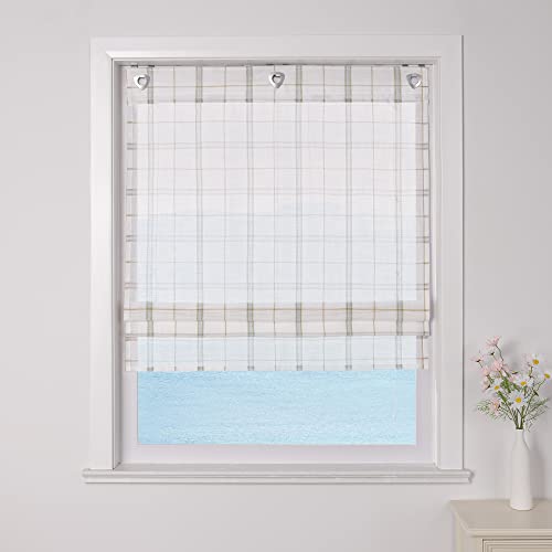 ESLIR Raffrollo ohne Bohren Raffgardine Transparent mit Ösen kariert Gardinen mit Haken Ösenrollo Modern Vorhänge Grün BxH 100x140cm 1 Stück von ESLIR