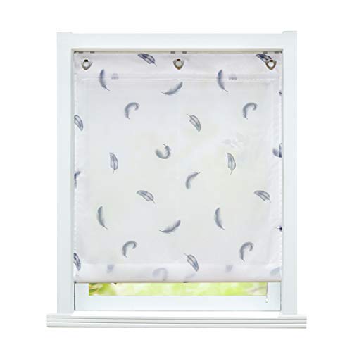 ESLIR Raffrollo ohne Bohren Raffgardine mit Ösen Transparent Gardinen mit U-Haken Ösenrollo Modern Weiß Federn Muster BxH 60x140cm 1 Stück von ESLIR