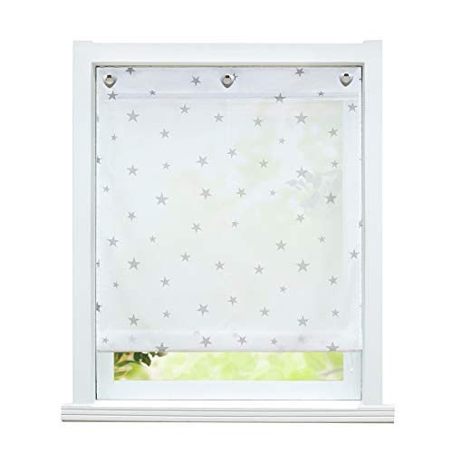 ESLIR Raffrollo ohne Bohren Raffgardinen mit Ösen Voile Gardinen Küche Transparent Ösenrollo mit Haken Sterne-Motiven Grau BxH 60x140cm 1 Stück von ESLIR