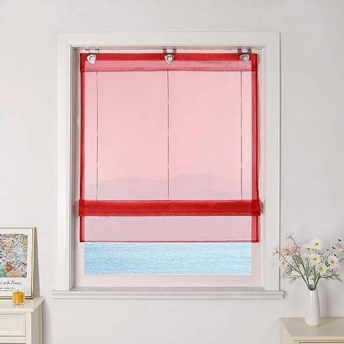 ESLIR Raffrollo ohne Bohren Raffgardinen mit U-Haken Ösenrollo Voile Gardinen Transparent Vorhänge Modern 1 Stück Rot BxH 100x130cm 1 Stück von ESLIR