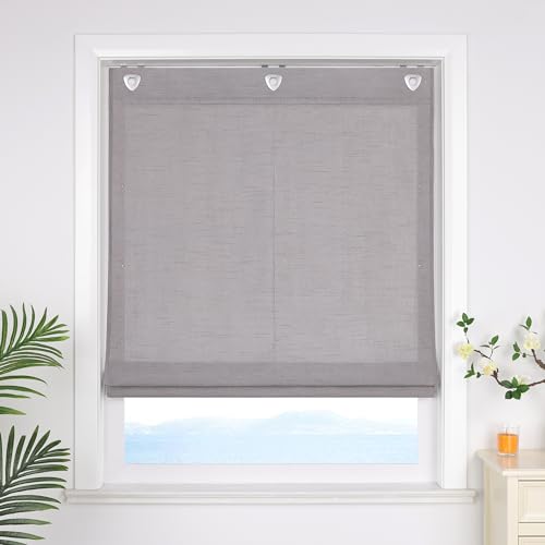 ESLIR Raffrollo ohne Bohren Uni Gardinen Küche Blickdicht Raffgardinen mit Hakenaufhängung Bändchenrollo für Fenster ohne Bohren Grau BxH 80x140cm 1 Stück von ESLIR