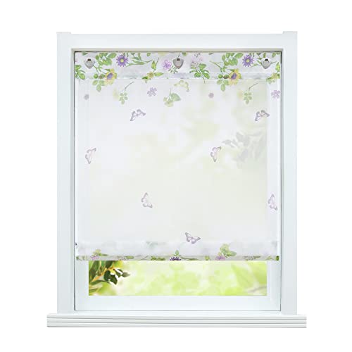 ESLIR Raffrollo ohne Bohren Voile Transparente Raffgardine mit Ösen Gardinen mit U-Haken Ösenrollo Modern Vorhänge Schmetterling Muster BxH 80x140cm 1 Stück von ESLIR