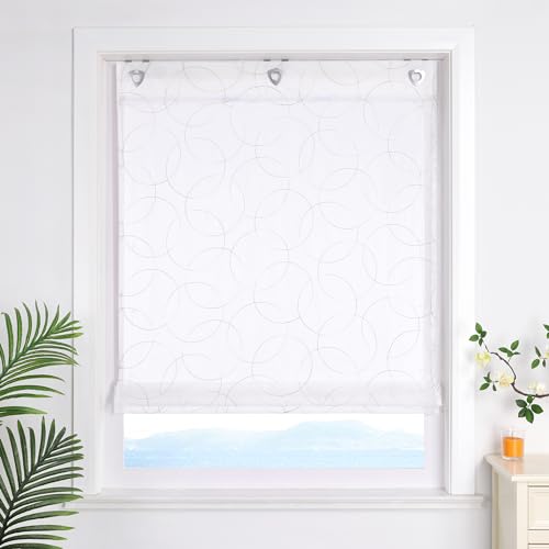 ESLIR Raffrollo ohne Bohren Weiß Raffgardine mit Ösen Transparent Gardinen für Fenster ohne Bohren Ösenrollo Modern Bestickt Braun BxH 80x140cm 1 Stück von ESLIR